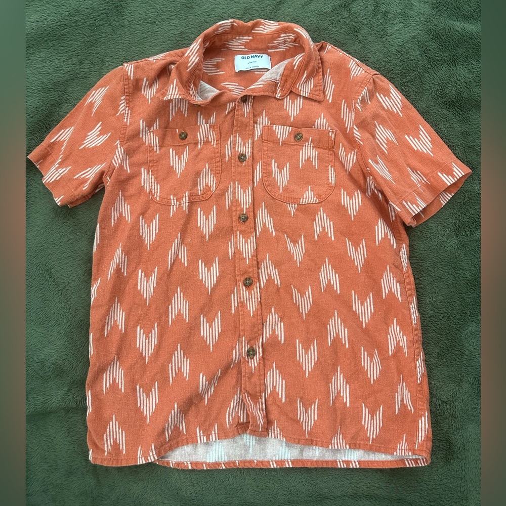 Old Navy Kids Button-Up Shirt | Terracotta Aztec Print | Size L (10-12)
